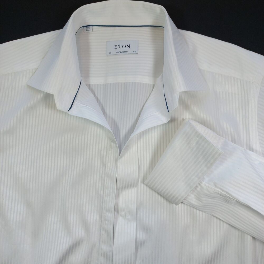 Eton Contemporary Tuxedo Shirt Mens 42 16.5 L White French Cuffs Satin Stripes